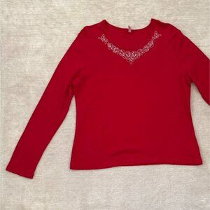 Y2K White Stag Size XL16-18 Red Top Silver Embellished Long Sleeve Grannycore
